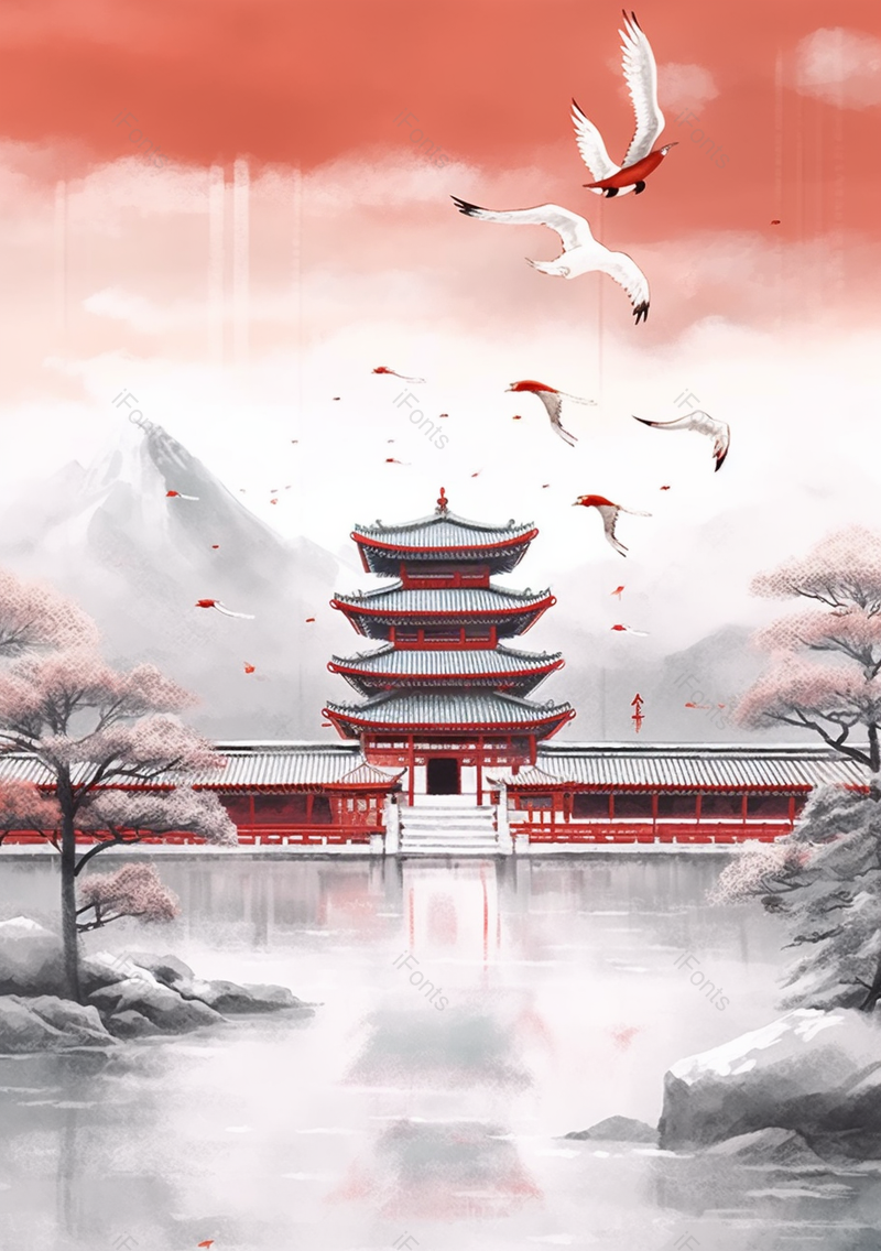 大寒寒冷倒影城门古代建筑飞鸟红色古典传统风景水墨插画,插画/手绘图,插画/手绘图库,插画/手绘图下载,插画/手绘